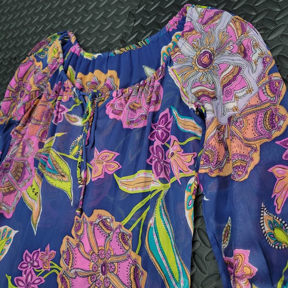 Silk Floral Sheer Boho Peasant Blouse Womens OS 3/4 Sleeve Top